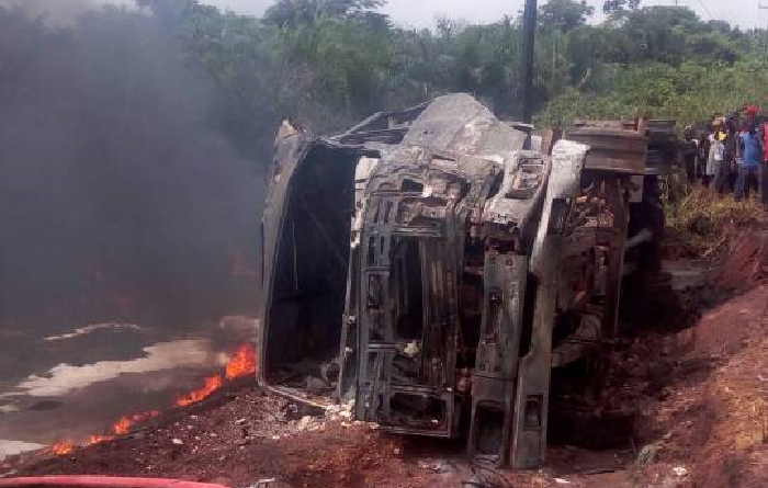 Remains of the fuel tanker that caught fire at Assin Damase